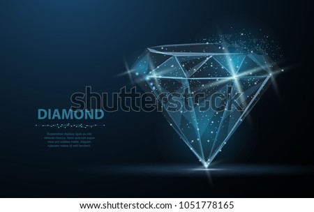 Diamond with crumbled edge on blue with dots and stars. Jewelry, gem, luxury and rich symbol, illustration or background