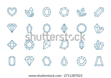 Diamond, crystal blue line icon set. Jewel sign. Brilliant symbol. Precious stone, gemstone. Editable stroke. Vector illustration. Isolated on a white background. Different shapes. Flat design.