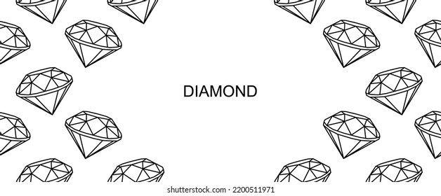 Fondo de marco de cristal de diamante en estilo lineal. Diamantes de joyas Fondo en el espacio de copia para banner o tarjeta. Dibujo manual de joyas brillantes, ilustración vectorial. eps10