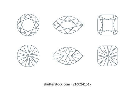 Diamond crystal shapes. Front and back view. Jewelry line icon set. Vector illustration