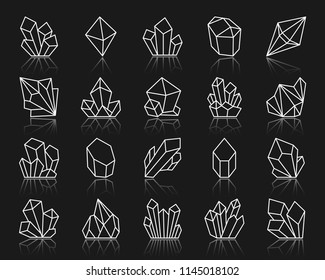 Diamond crystal thin line icon set. Outline sign kit of gem. Mineral linear icons includes amethyst ruby sapphire topaz emerald. Simple quartz crystal white symbol with reflection. Vector Illustration