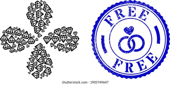 Diamond curl spin, and blue round FREE dirty rubber print with icon inside. Object flower with 4 petals created from oriented diamond symbols. Vector flower collage in flat style.