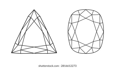Diamond Cushion, Trillion cut shape. Gemstone outline icon for jewellery design, branding, packaging, logotype. Cushion, Triangular brilliant cut pattern. Design diagram.