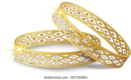 Diamond Cut Gold Bangle Golden Bracelet Jewelry Woman Fashion Indian Jewel Bangles With Gems Vector Illustrator