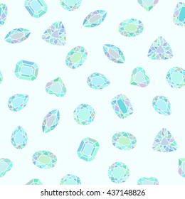 Diamond cut shapes. Blue and green. Seamless pattern. Heart, drop, emerald, oval, round shapes. Abstract hand drawn pattern with gemstones. Light background. For decoration or printing on fabric.