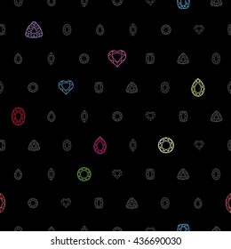 Diamond cut shapes. Seamless pattern. Heart, drop, emerald, oval, round and other diamond cut shapes. Abstract hand drawn pattern with gemstones. Black background.