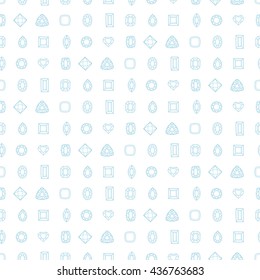 Diamond cut shapes. Seamless pattern. Heart, drop, emerald, oval, round and other diamond cut shapes. Abstract hand drawn pattern with gemstones. White background.
