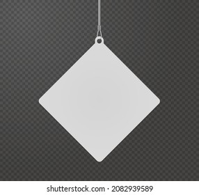 Colgante de diamantes colgando de un burlón realista en el techo. Modelo de puntero de promoción publicitaria para anuncio de venta de supermercado sobre fondo transparente. Ilustración vectorial de etiqueta de almacén de centros comerciales