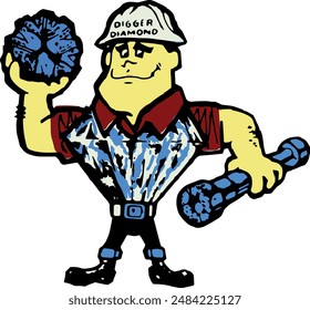 Diamond Digger man, worker with helmet and carrying diamond in hand
