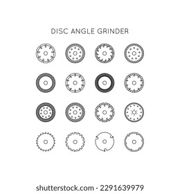 Diamond discs icons set. Discs for angle grinders. Cutting, metal, wood, concrete, granite, ceramics, asphalt, laminate.