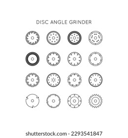 Diamond discs icons set. Discs for angle grinders. Cutting, metal, wood, concrete, granite, ceramics, asphalt, laminate.
