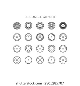 Diamond discs icons set. Discs for angle grinders. Cutting, metal, wood, concrete, granite, ceramics, asphalt, laminate.
