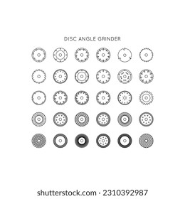 Diamond discs icons set. Discs for angle grinders. Cutting, metal, wood, concrete, granite, ceramics, asphalt, laminate.