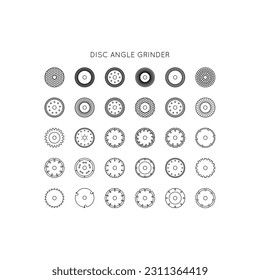 Diamond discs icons set. Discs for angle grinders. Cutting, metal, wood, concrete, granite, ceramics, asphalt, laminate.