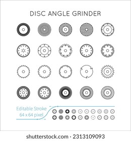 Diamond discs icons set. Discs for angle grinders. Cutting, metal, wood, concrete, granite, ceramics, asphalt, laminate. Editable Stroke