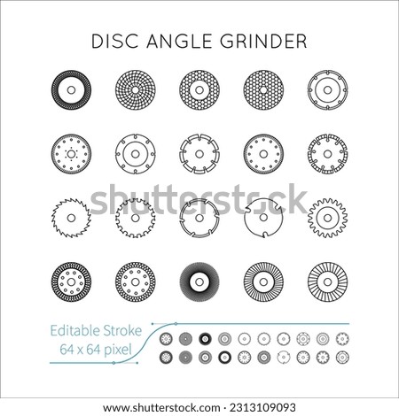Diamond discs icons set. Discs for angle grinders. Cutting, metal, wood, concrete, granite, ceramics, asphalt, laminate. Editable Stroke