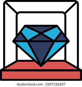 A diamond is displayed in a box. The diamond is the main focus of the image. The box is black and white, and the diamond is outlined in black