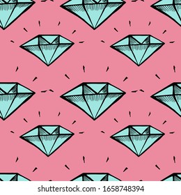 El doodle de diamante es un patrón transparente en un fondo rosado. La ilustración de color vectorial se dibuja a mano.