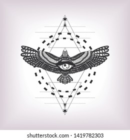 Diamond And Drawing Bald Eagle, Eye Of Providence And Hypnotic Swirl.  Ornamental Composition With Bird. Masonic Symbol For Print T Shirt, Tatttoo Art, Coloring Book Pages.