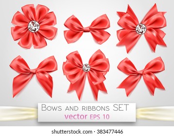 diamond elegant luxary quality bowtie. Web page design, decoration element. Award, ceremony, wedding birthday symbol, sign. Red silk glossy ribbon vector illustration set on transparent background.