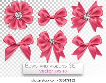 diamond elegant luxary quality bowtie. Web page design, decoration element. Award, ceremony, wedding birthday symbol, sign. Pink silk glossy ribbon vector illustration set on transparent background.