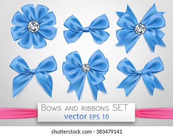 diamond elegant luxary quality bowtie. Web page design, decoration element. Award, ceremony, wedding birthday symbol, sign. Blue silk glossy ribbon vector illustration set on transparent background.