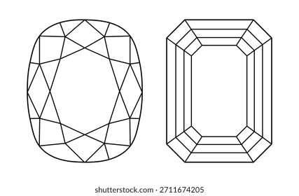 Diamond Emerald, Kissen schneiden Form Symbole. Diamant-Draufsicht. Set von Edelstein Umrissprobe für Schmuck-Design, Branding, Verpackung, Logo. Smaragd, Kissen brillant geschnitten flachen Mustern. Entwurfsdiagramm