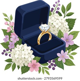 Diamond Engagement Ring in Blue Box with Flowers Proposal