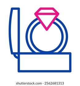 Diamond engagement ring in box icon. Concept of proposal, marriage, and wedding.