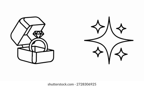 Diamante anel de engajamento em uma caixa com espumantes ícone estrelas isoladas no fundo branco, vetor, ilustração