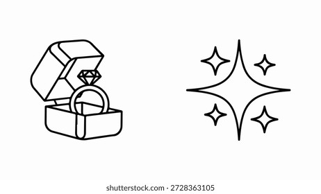 Diamante anel de engajamento em uma caixa com espumantes ícone estrelas isoladas no fundo branco, vetor, ilustração