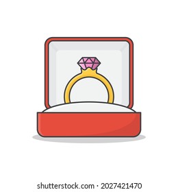 Diamond Engagement Ring In Box Vector Icon Illustration. Wedding Golden Ring In A Gift Box Flat Icon