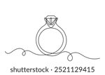 Diamond engagement ring .continuous line drawing of diamond wedding ring on a white background.single-line proposal engagement and love marriage invitation concept.Wedding gold Ring illustration.