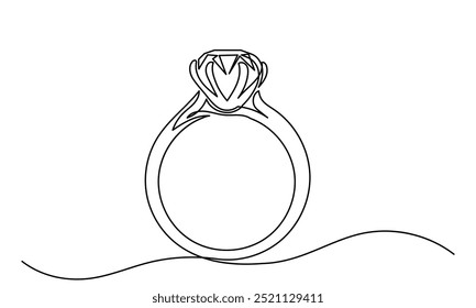 Diamond engagement ring .continuous line drawing of diamond wedding ring on a white background.single-line proposal engagement and love marriage invitation concept.Wedding gold Ring illustration.