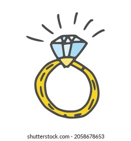 dibujo de garrapatas de anillo de compromiso con diamantes. ilustración de vector de esbozo