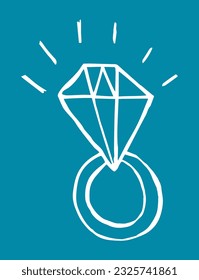 Estilo de doodle del anillo de compromiso de diamantes. Ilustración aislada lineal monocromática de vector dibujado a mano.
