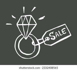 Diamond engagement ring doodle style. Hand drawn vector monochrome linear isolated illustration.