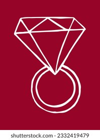 Diamond engagement ring doodle style. Hand drawn vector monochrome linear isolated illustration.