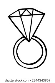 Diamond engagement ring doodle style. Hand drawn vector monochrome linear isolated illustration.