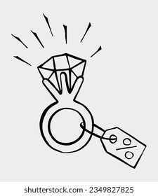 Estilo de doodle del anillo de compromiso de diamantes. Ilustración aislada lineal monocromática de vector dibujado a mano.