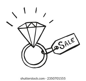 Diamond engagement ring doodle style. Hand drawn vector monochrome linear isolated illustration.