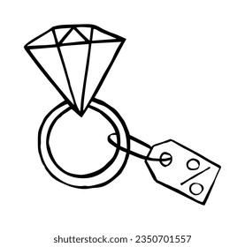 Diamant Verlobung Ring Doodle Stil. Handgezeichnete, monochrome, einzelne Illustration.