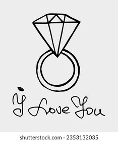 Estilo de doodle del anillo de compromiso de diamantes. Ilustración aislada lineal monocromática de vector dibujado a mano.