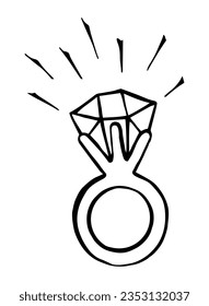 Diamond engagement ring doodle style. Hand drawn vector monochrome linear isolated illustration.
