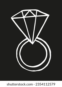 Estilo de doodle del anillo de compromiso de diamantes. Ilustración aislada lineal monocromática de vector dibujado a mano.