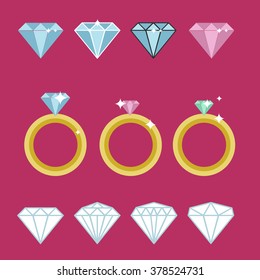 Diamond engagement ring. Diamond ring gold. Wedding diamond ring vector sign. 