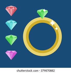Diamond engagement ring. Diamond ring gold. Wedding diamond ring vector sign. 
