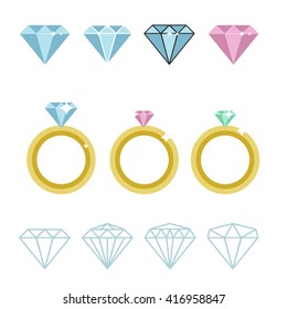 Diamond engagement ring. Diamond ring gold. Wedding diamond ring vector sign. 