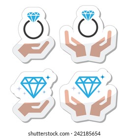 Diamond engagement ring with hands vector icon