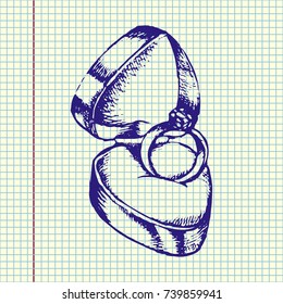 Diamond engagement ring in heart-shaped box. Hand drawn vector illustration. Blue pen drawing